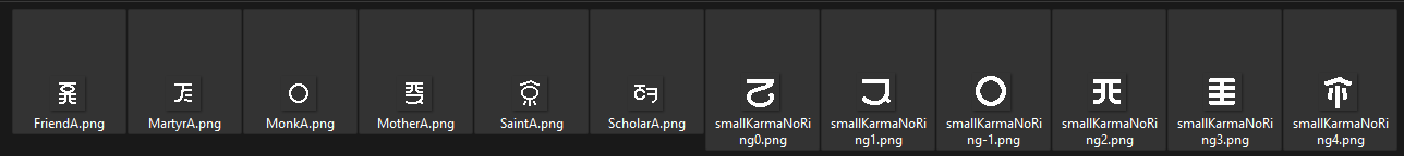 A screenshot of the Windows 11 explorer with the files FriendA.png, MartyrA.png, MonkA.png, MotherA.png, SaintA.png, ScholarA.png, smallKarmaNoRing0.png, smallKarmaNoRing1.png, smallKarmaNoRing-1.png, smallKarmaNoRing2.png, smallKarmaNoRing3.png and smallKarmaNoRing4.png selected.